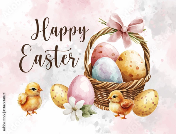 Obraz Happy Easter horizontal postcard with Easter Basket, Chicks and Eggs drawn Watercolor