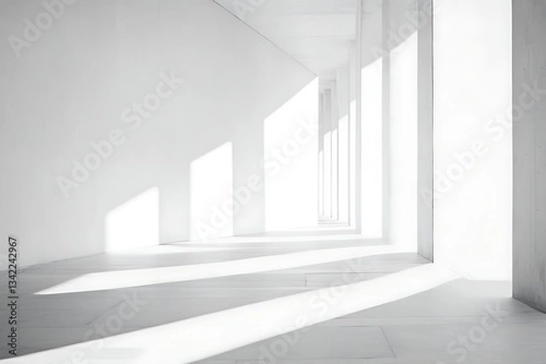 Fototapeta A minimalist white corridor with columns and sunlight