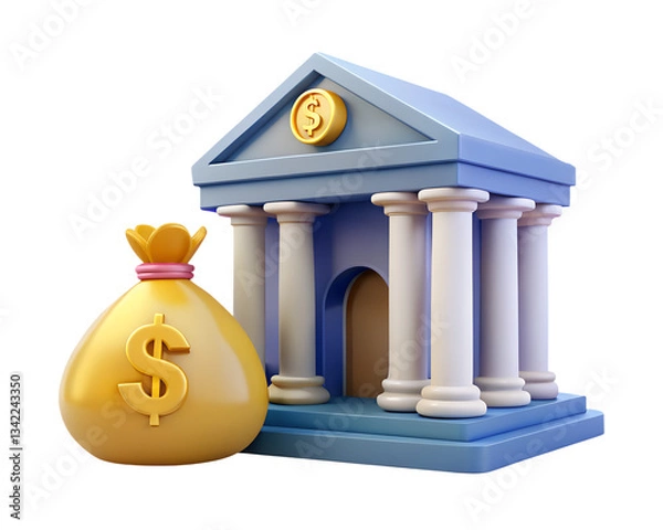 Fototapeta 3D Illustration of a Bank Building with a Money Bag Symbolizing Financial Services