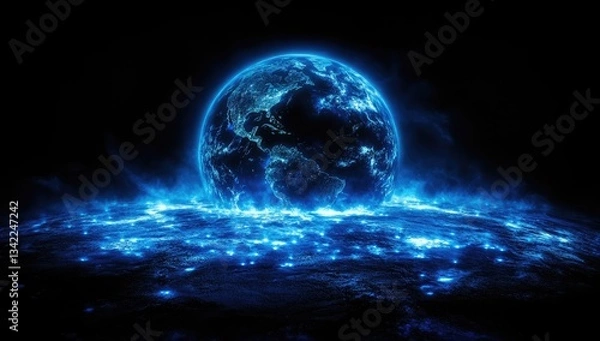 Fototapeta Glowing blue digital globe over a city at night. Futuristic, technological, and abstract image