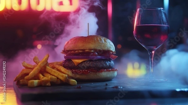 Obraz Delicious Burger Meal with French Fries and Red Wine in Nightclub Setting With Neon Lights And Smoke Effects Of Food Photography Shot in Closeup Detail View Showing Food Texture and Color Contrast