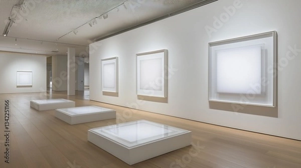 Fototapeta Art gallery frame mockup featuring row of empty frames hanging in a well lit exhibition space