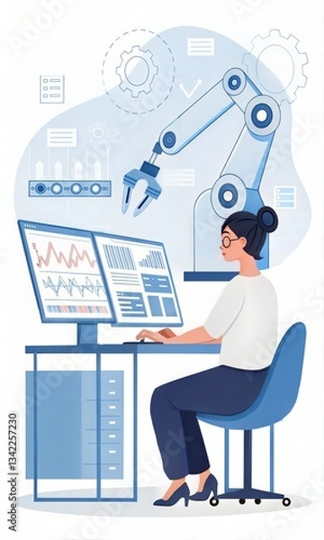 Fototapeta Woman utilizing artificial intelligence in robotic technology applications. (ai)