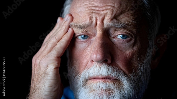 Fototapeta Close Up Portrait of a Sweaty Elderly Man with a Grey Beard Touching His Temple
