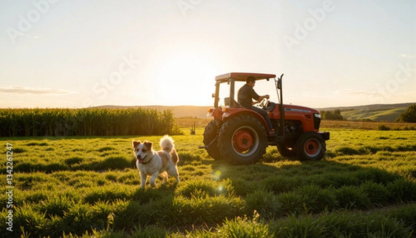 Obraz Farmer driving tractor with dog running on green field