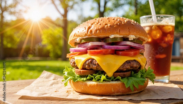 Obraz Delicious cheeseburger with colorful toppings on wooden table