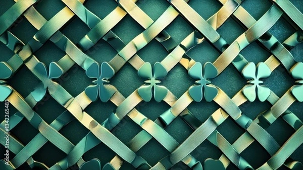 Fototapeta Elegant geometric pattern of interwoven shamrocks with a subtle metallic sheen. Modern Saint Patrick’s Day design for textiles, wallpapers, and festive decor.