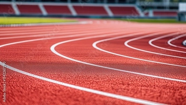 Fototapeta Red running track curves towards a blurred stadium