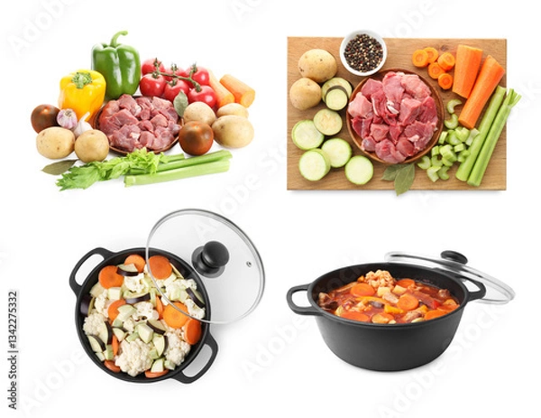 Obraz Stew preparation. Raw ingredients, pot and cooked dish isolated on white, set. Top and side view