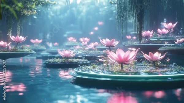 Fototapeta Ethereal water garden, Tranquil reflections with luminous water lilies