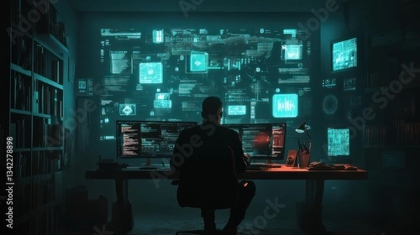 Fototapeta Cybersecurity analyst examining digital network traffic in the dark ambient workspace