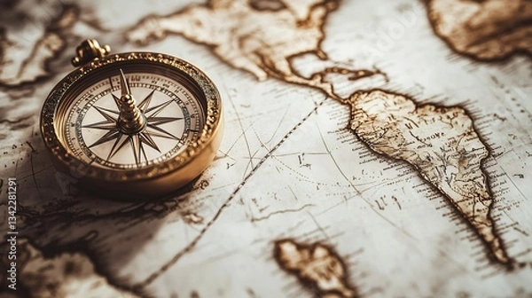 Fototapeta Antique gold compass on an old world map, highlighting exploration and discovery. Focus on exploration, navigation, travel, and history.