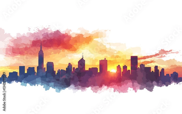 Fototapeta Urban Skyline at Sunset with Dark Silhouettes of Tall Structures Isolated on transparent background PNG