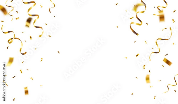 Obraz Realistic falling gold confetti and streamers decorative border on transparent background	