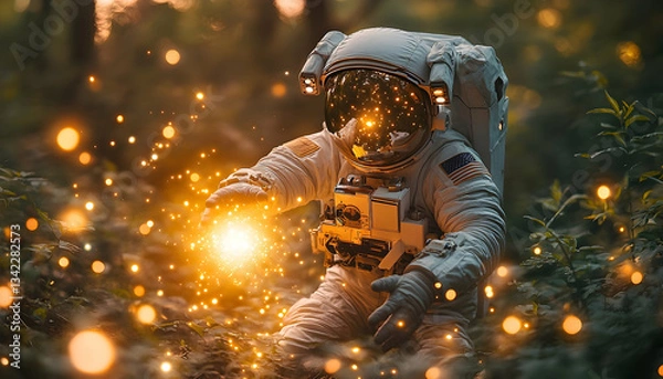 Fototapeta Astronaut in forest, glowing orb in hands, magical scene
