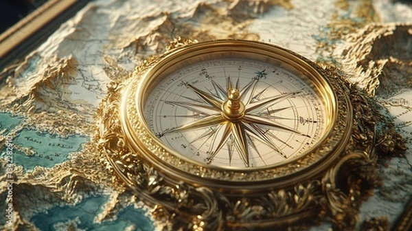 Fototapeta A highly detailed, ornate gold compass rests on a vintage-looking map, evoking themes of exploration, navigation, and historical adventures.