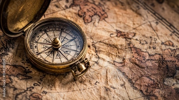 Fototapeta A vintage brass compass resting on an old world map, evoking exploration and discovery, with a focus on detail and texture.