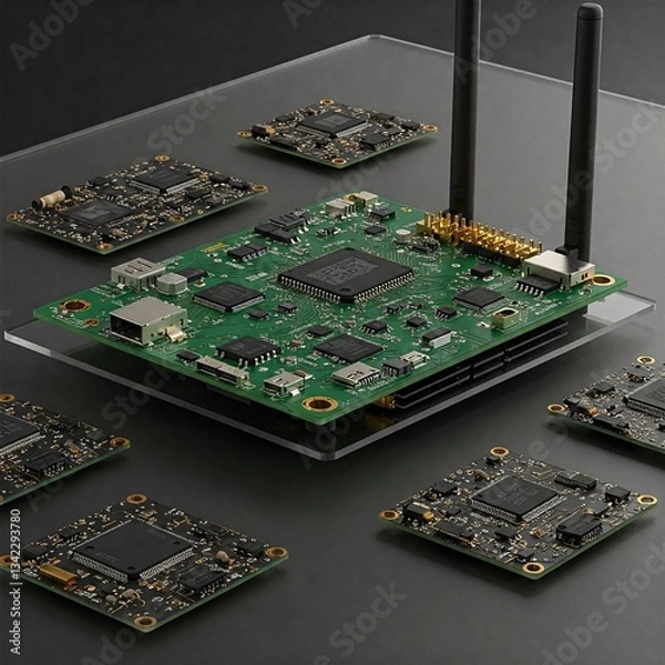 Obraz Edge AI Computing – FPGA Board, Micro Antennas & Circuit Components Tech Still Life