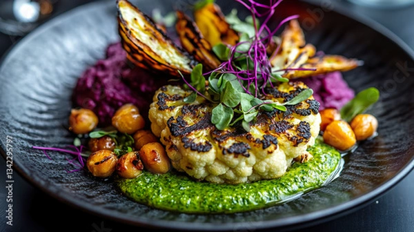 Fototapeta Charred Cauliflower Steak with Green Pesto and Roasted Chickpeas on Black Plate