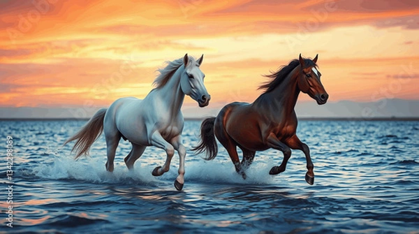 Fototapeta horses galloping through shallow water at sunset. The scene is set against a dramatic sky filled with vivid hues of orange, pink, and purple, with clouds reflecting the warm colors of the setting 