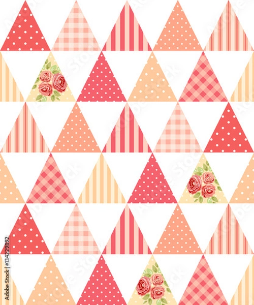 Fototapeta Cute seamless vintage pattern as patchwork in shabby chic style ideal for kitchen textile or bed linen fabrics, curtains, carpets, tablecloth, wallpaper design, can be used for scrap booking paper etc