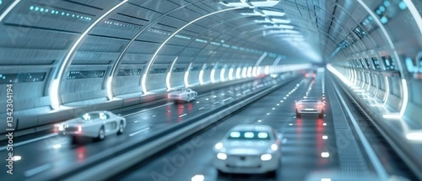 Fototapeta Cars cruise a sleek, bright highway, tunnel lights reflecting, linked to embedded data storage for instant futuristic backups.