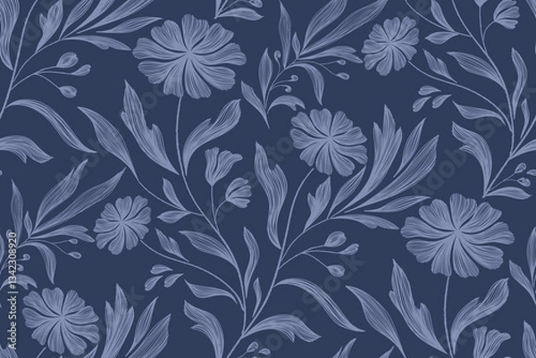 Obraz Vintage floral ethnic tapestry modern embroidery texture boho design vector illustration hand drawn silhouette indigo blue flower motif branches leaves wallpaper seamless background border.	
