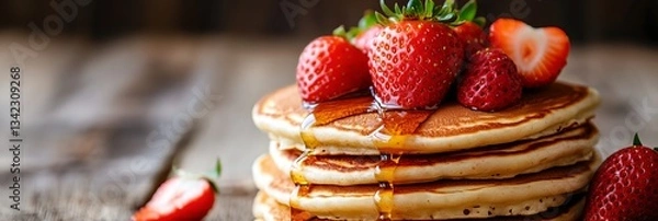 Fototapeta A stack of pancakes with strawberries and syrup on top.