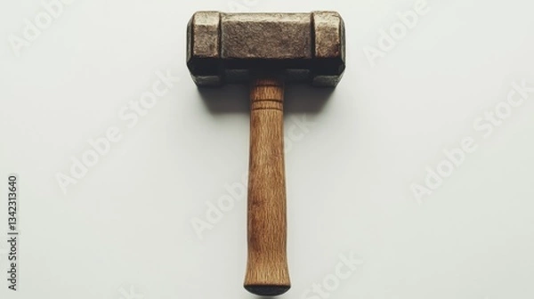 Fototapeta Vintage wooden hammer on a plain background with a distressed metallic head showcasing craftsmanship and tool design detail for art and construction purposes.