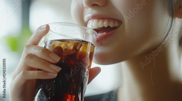 Obraz Refreshing Cola Moment: Close-Up of Smiling Woman Enjoying Cold Beverage