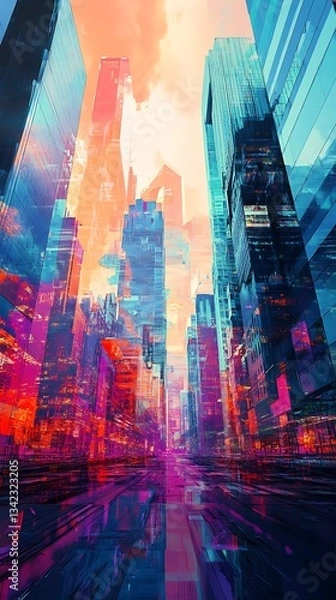 Fototapeta A vibrant, futuristic cityscape with colorful reflections and towering skyscrapers.