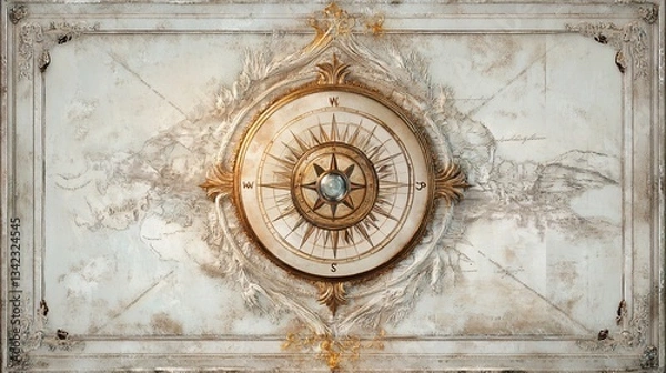 Obraz Ornate vintage-style ceiling decoration featuring a compass rose surrounded by antique maps, gold accents, and decorative plasterwork. 