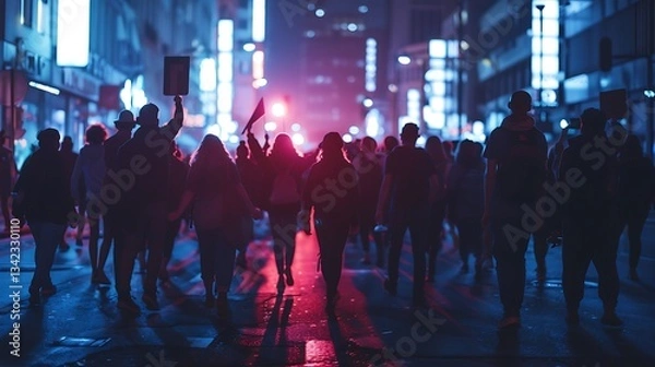 Fototapeta A group of people marching in unity, their silhouettes visible against the bright city lights at night