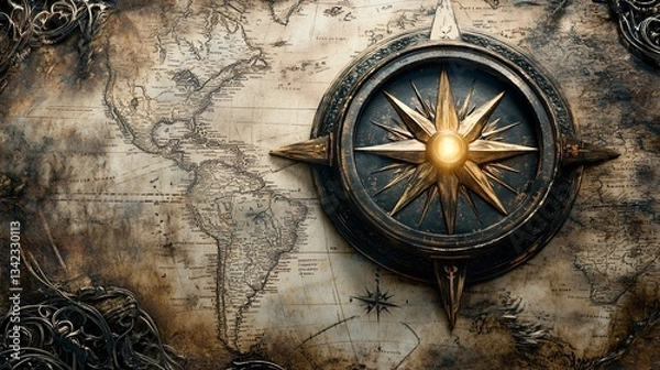 Fototapeta An antique map of the Americas with a detailed, ornate compass in the foreground. The image evokes a sense of exploration and historical navigation.