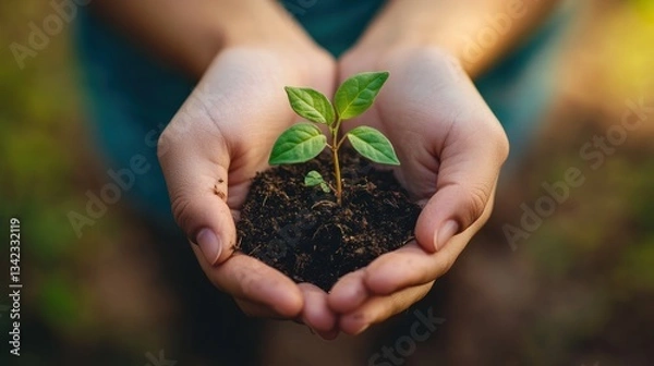 Fototapeta Hopeful beginning: Hands gently cradle a seedling, symbolizing growth and care
