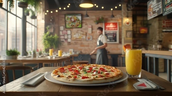 Fototapeta Delicious Pizza and Orange Juice in a Sunlit Restaurant Setting. A Tasty Meal In A Cafe. Interior Of A Casual Restaurant On A Sunny Day. Food Photography Style.  Appetizing Pizza Slice with Orange