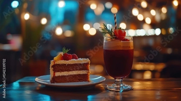 Fototapeta Delicious Layered Cake and Refreshing Fruit Cocktail on Wooden Table at Nighttime and Evening Lights