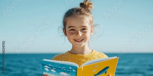 Fototapeta A young girl with a bright smile holds an open book, enjoying Children Book Day by the sea. Sunlight dances on the water, enhancing the joyful atmosphere of reading