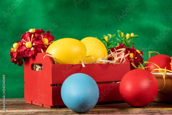 Obraz eggs in wooden box with hay on rustic background or surface, easter or holiday concept