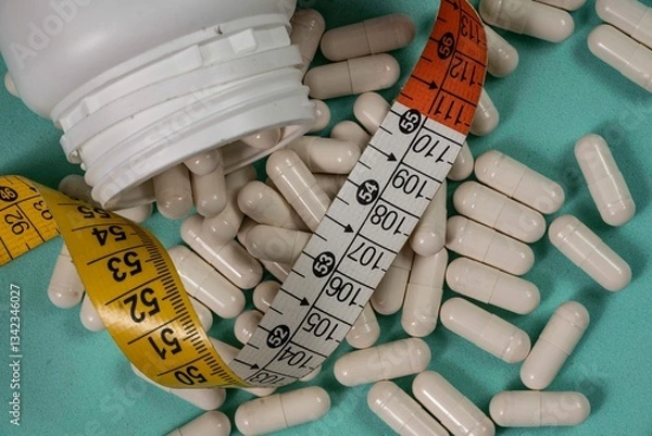 Obraz bottle of pills, some of which spilled onto a light blue surface