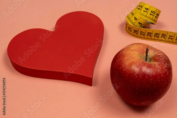 Obraz Heart shape with an apple and measuring tape, concept of heart problem and overweight
