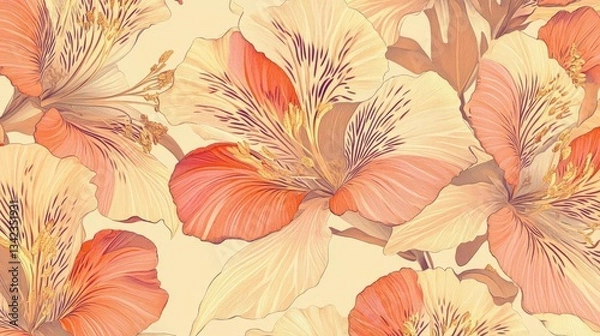 Fototapeta Orange And Cream Alstroemeria Flower Seamless Pattern Design Floral Background Texture Botanical Art Print For Wallpaper Or Fabric Decor Illustration Style For Summer Or Spring Wedding Decor