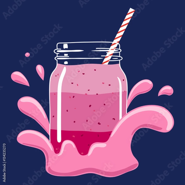 Fototapeta Fruit and berry layered smoothie in mason jar with striped straw in a splash of yoghurt. Fresh natural berry drink, isolated. Vector hand drawn illustration eps10.