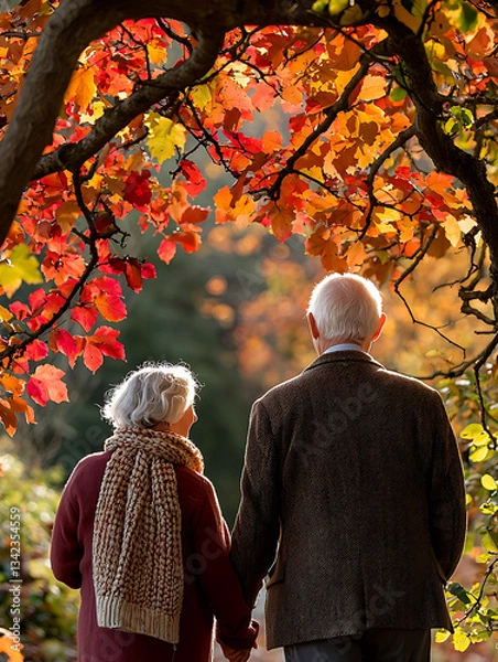 Fototapeta Romantic senior couple holding hands, strolling through vibrant autumn foliage.  Golden sunlight filters through colorful leaves creating a warm, nostalgic scene.