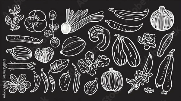 Fototapeta Chalkboard illustration of various vegetables, perfect for recipe blogs, cookbooks, or farmers' market promotions