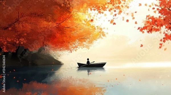 Fototapeta Serene autumn boating scene, a person rows on a tranquil lake amidst fall foliage