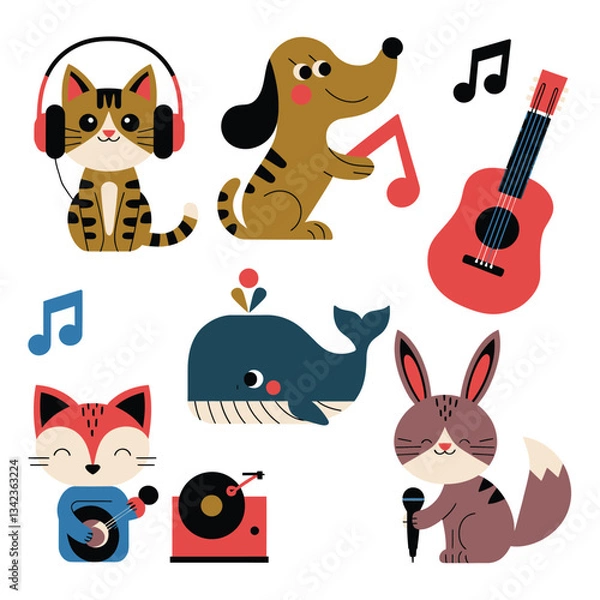 Fototapeta 2d vector illustration icon cool entertainment cartoon character  music tools (Drum , Music Note , Headphones ,Microphone , Piano , Guitar ,Record) 
