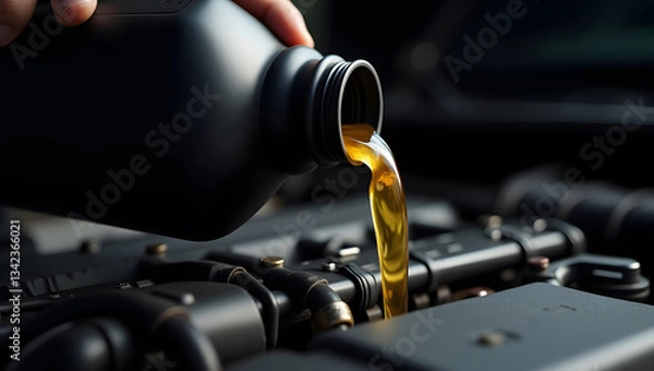 Fototapeta Engine Maintenance. Close-up of fresh motor oil being poured into a car engine. Vehicle care, lubrication, and the importance of regular maintenance for optimal performance
