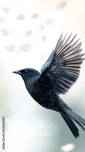 Fototapeta Black bird soaring, feathered wings extended wide across softly blurred landscape