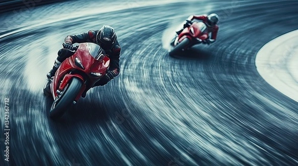 Fototapeta Dynamic aerial photography of high-speed motorcycle racing on action circuit track